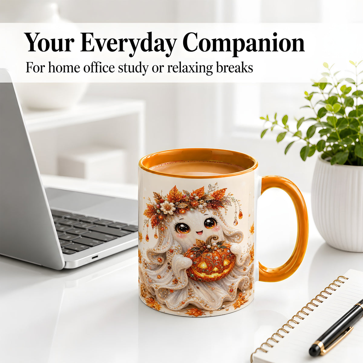 #pl[11oz|Orange] Jeweled Halloween Ghost Accent Mug, Mug with Jack O Lantern Art