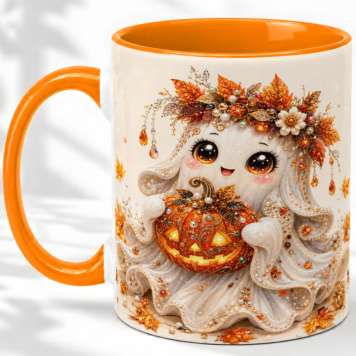 #pl[11oz|Orange] Jeweled Halloween Ghost Accent Mug, Mug with Jack O Lantern Art