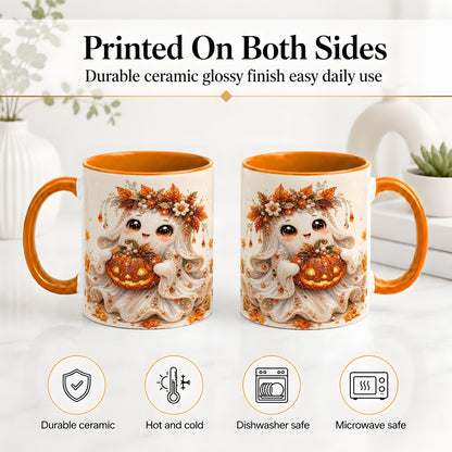 #pl[11oz|Orange] Jeweled Halloween Ghost Accent Mug, Mug with Jack O Lantern Art