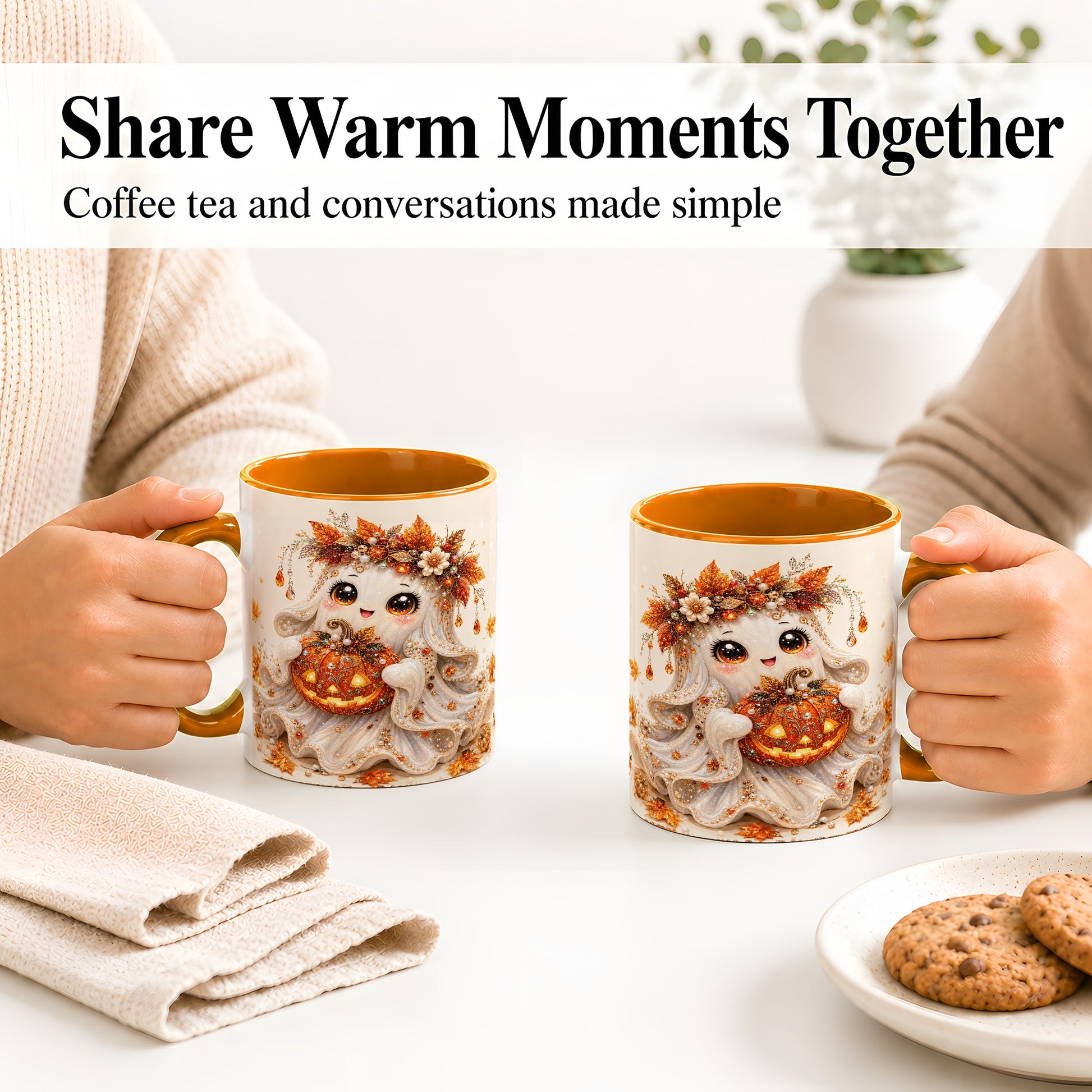 #pl[11oz|Orange] Jeweled Halloween Ghost Accent Mug, Mug with Jack O Lantern Art