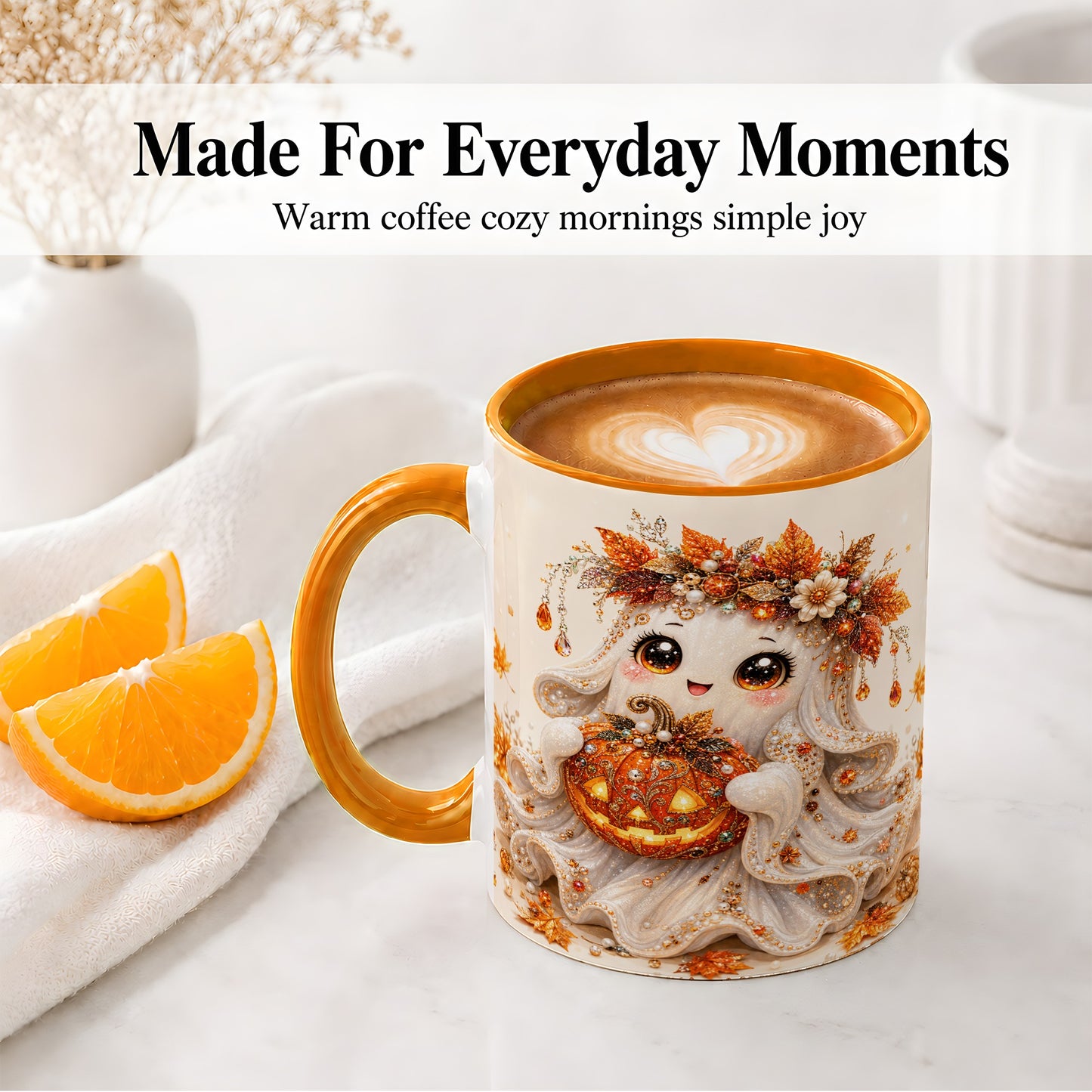 #pl[11oz|Orange] Jeweled Halloween Ghost Accent Mug, Mug with Jack O Lantern Art