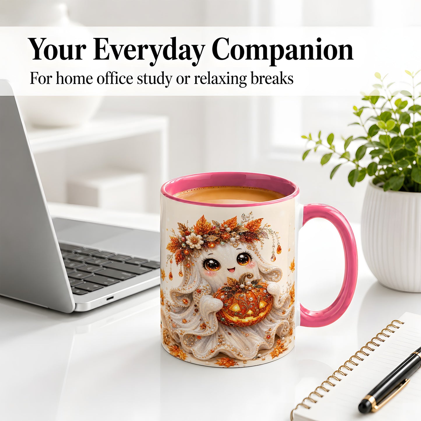 #pl[11oz|Pink] Jeweled Halloween Ghost Accent Mug, Mug with Jack O Lantern Art