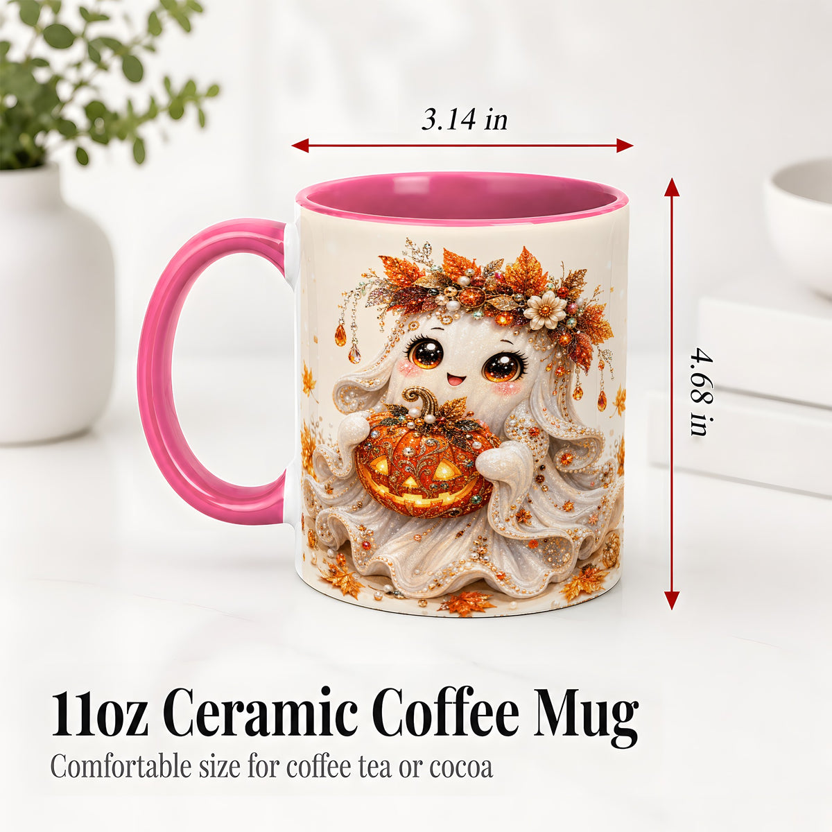 #pl[11oz|Pink] Jeweled Halloween Ghost Accent Mug, Mug with Jack O Lantern Art