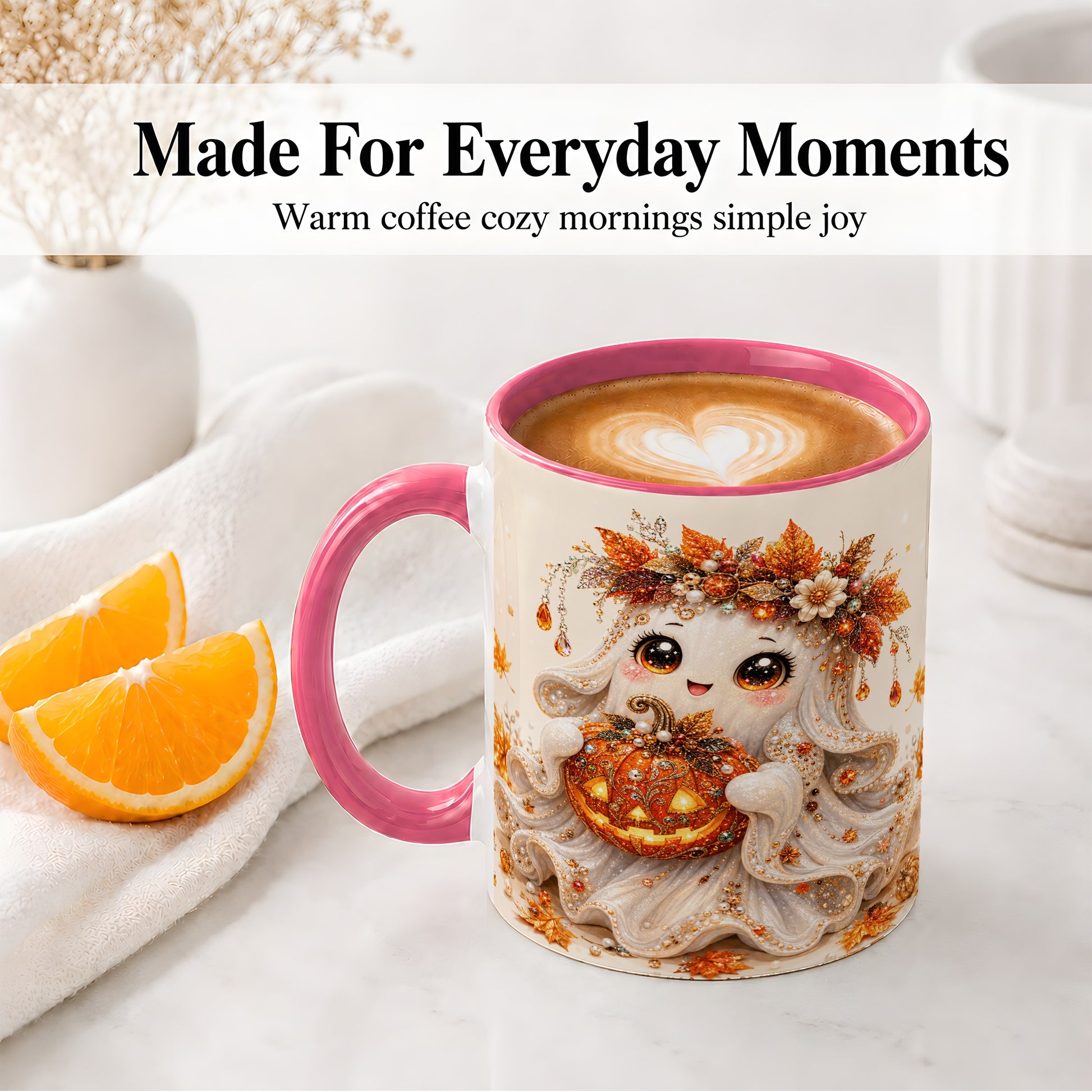 #pl[11oz|Pink] Jeweled Halloween Ghost Accent Mug, Mug with Jack O Lantern Art