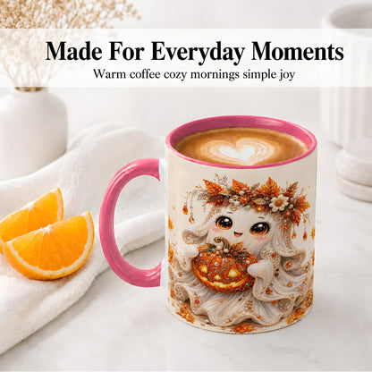 #pl[11oz|Pink] Jeweled Halloween Ghost Accent Mug, Mug with Jack O Lantern Art