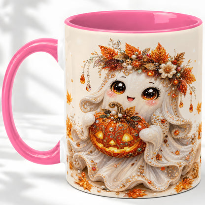 #pl[11oz|Pink] Jeweled Halloween Ghost Accent Mug, Mug with Jack O Lantern Art