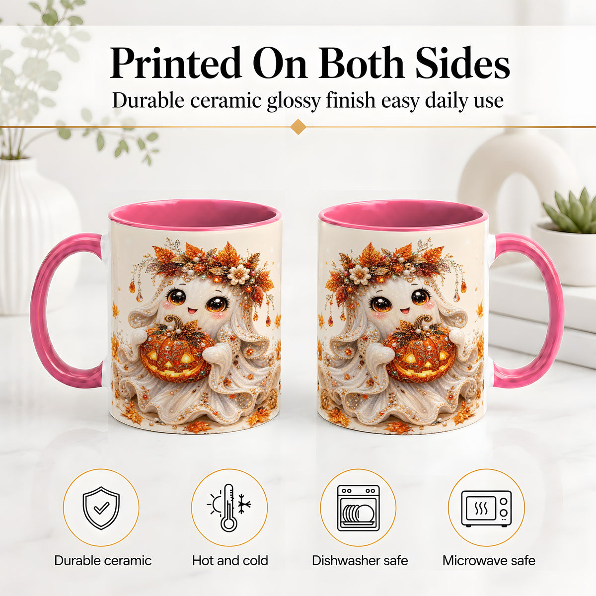 #pl[11oz|Pink] Jeweled Halloween Ghost Accent Mug, Mug with Jack O Lantern Art