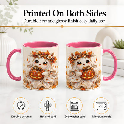 #pl[11oz|Pink] Jeweled Halloween Ghost Accent Mug, Mug with Jack O Lantern Art