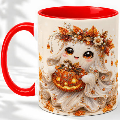 Jeweled Halloween Ghost Accent Mug, Mug with Jack O Lantern Art