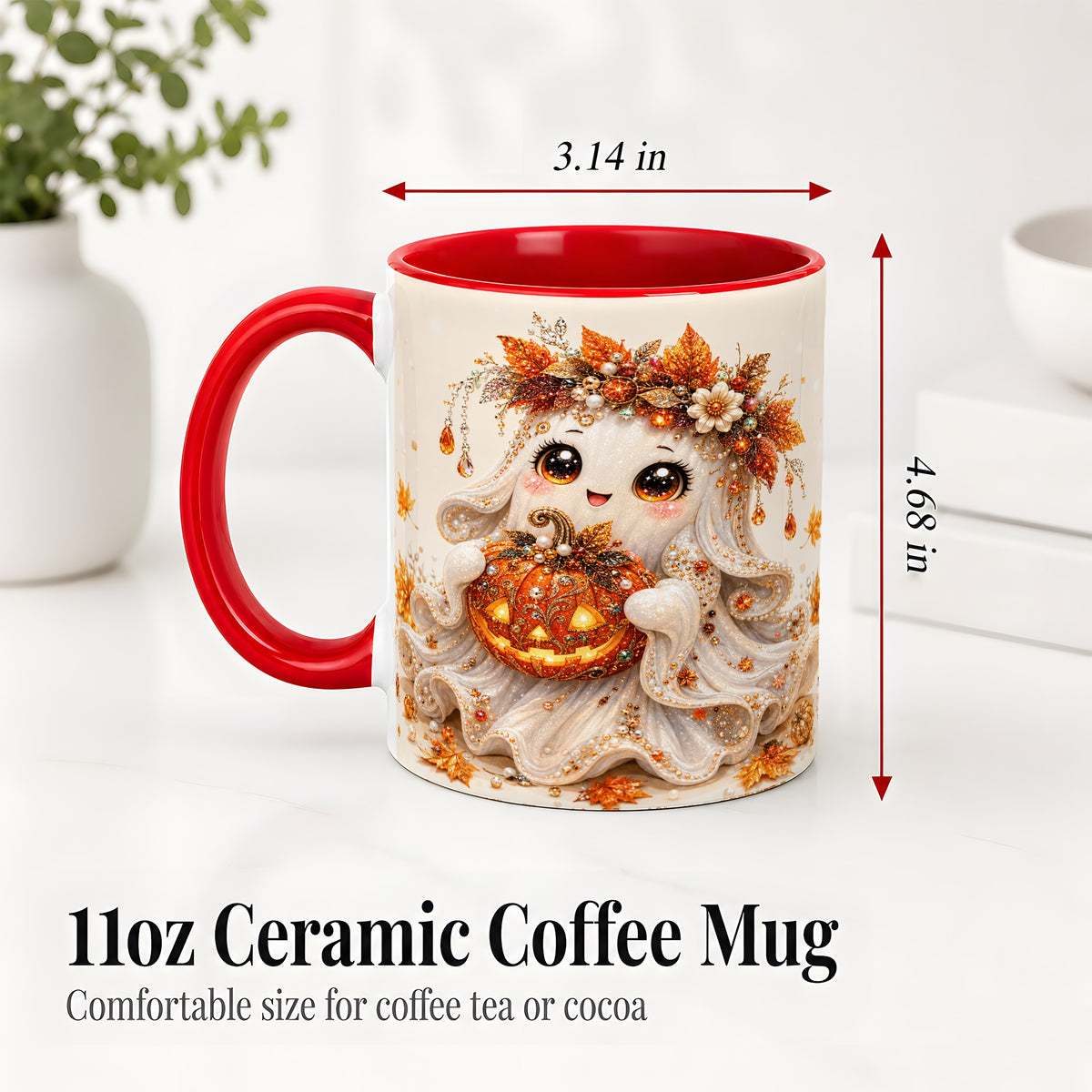#pl[11oz|Red] Jeweled Halloween Ghost Accent Mug, Mug with Jack O Lantern Art