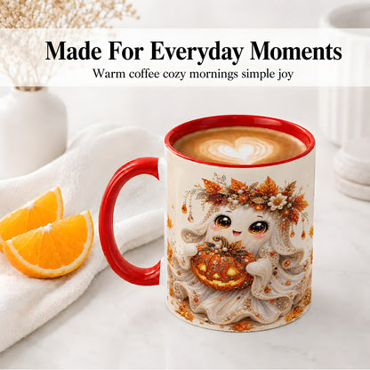 #pl[11oz|Red] Jeweled Halloween Ghost Accent Mug, Mug with Jack O Lantern Art
