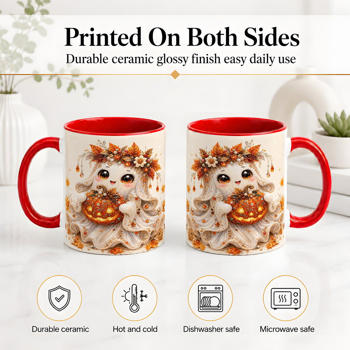 #pl[11oz|Red] Jeweled Halloween Ghost Accent Mug, Mug with Jack O Lantern Art