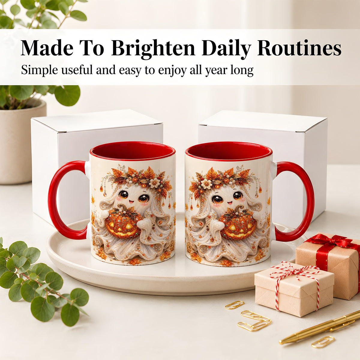 #pl[11oz|Red] Jeweled Halloween Ghost Accent Mug, Mug with Jack O Lantern Art