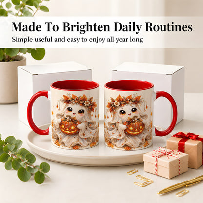 #pl[11oz|Red] Jeweled Halloween Ghost Accent Mug, Mug with Jack O Lantern Art
