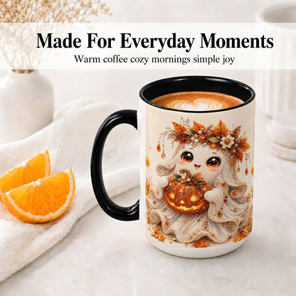 #pl[15oz|Black] Jeweled Halloween Ghost Accent Mug, Mug with Jack O Lantern Art