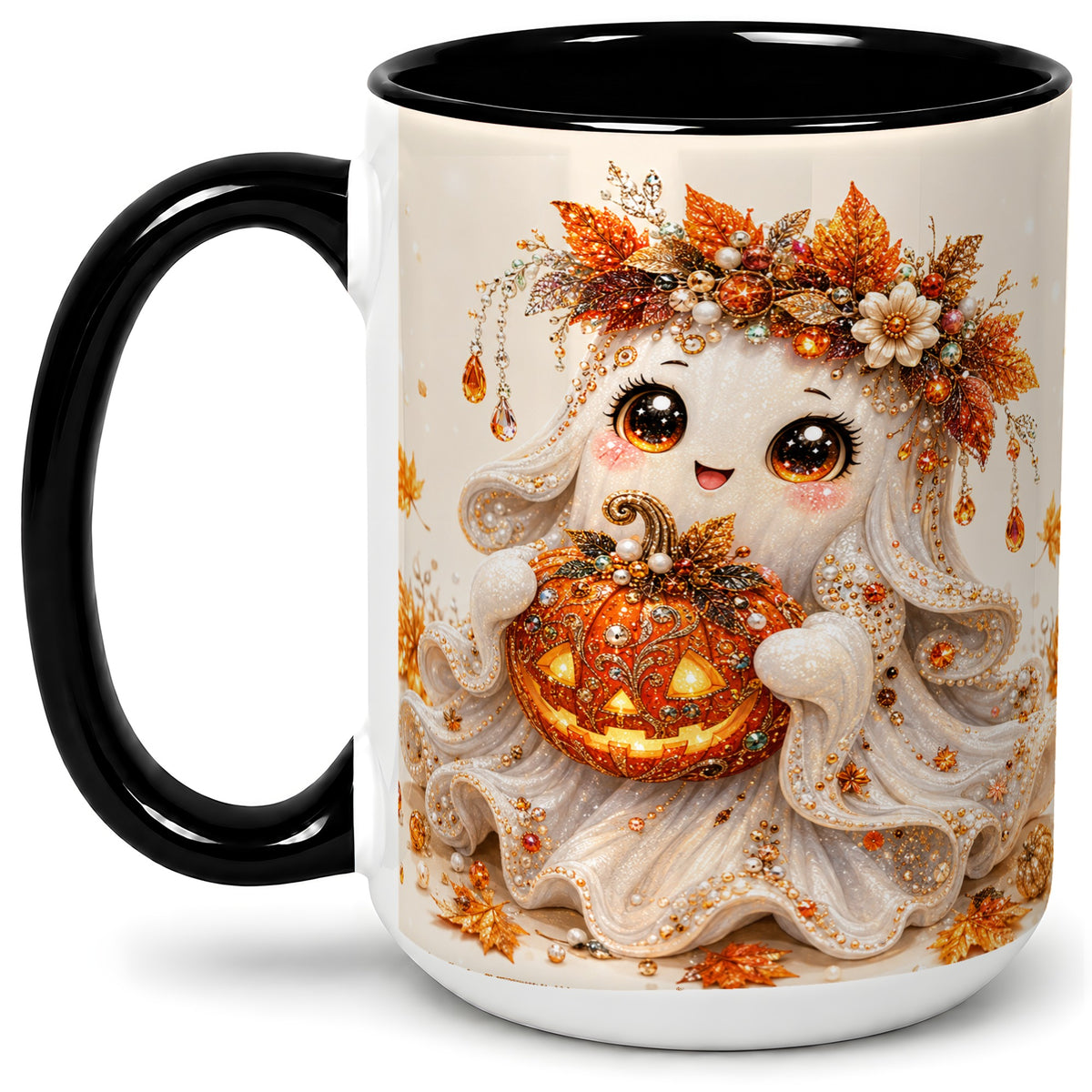 #pl[15oz|Black] Jeweled Halloween Ghost Accent Mug, Mug with Jack O Lantern Art