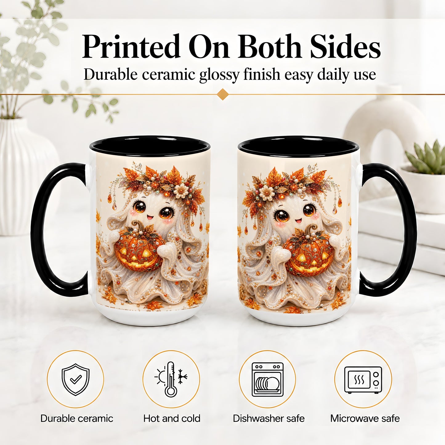 #pl[15oz|Black] Jeweled Halloween Ghost Accent Mug, Mug with Jack O Lantern Art