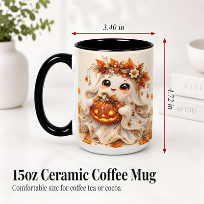 #pl[15oz|Black] Jeweled Halloween Ghost Accent Mug, Mug with Jack O Lantern Art
