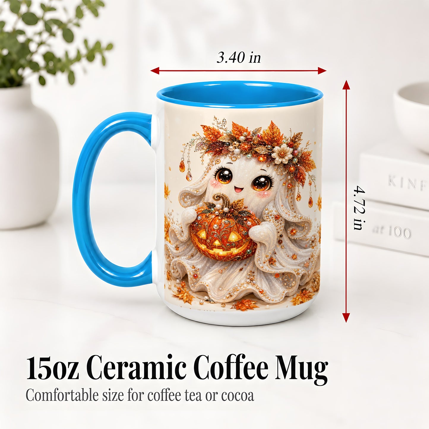 #pl[15oz|Blue] Jeweled Halloween Ghost Accent Mug, Mug with Jack O Lantern Art