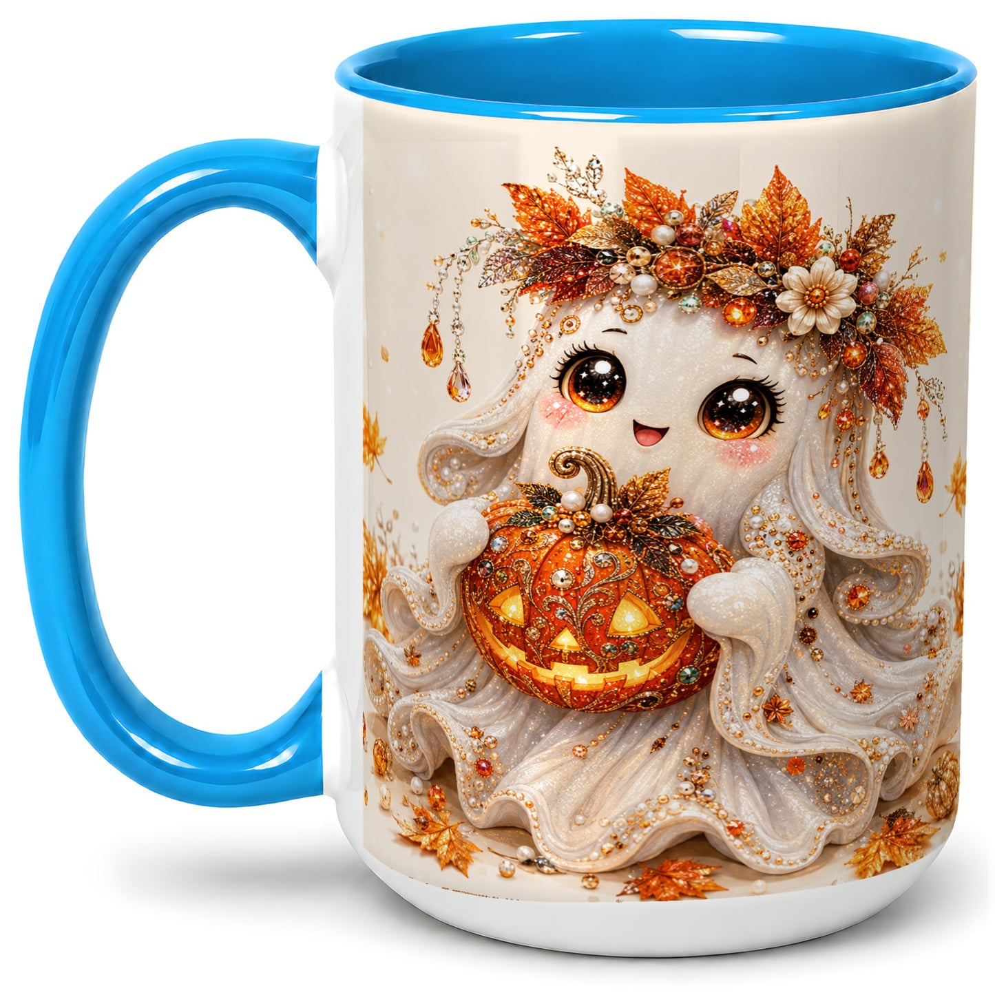 #pl[15oz|Blue] Jeweled Halloween Ghost Accent Mug, Mug with Jack O Lantern Art