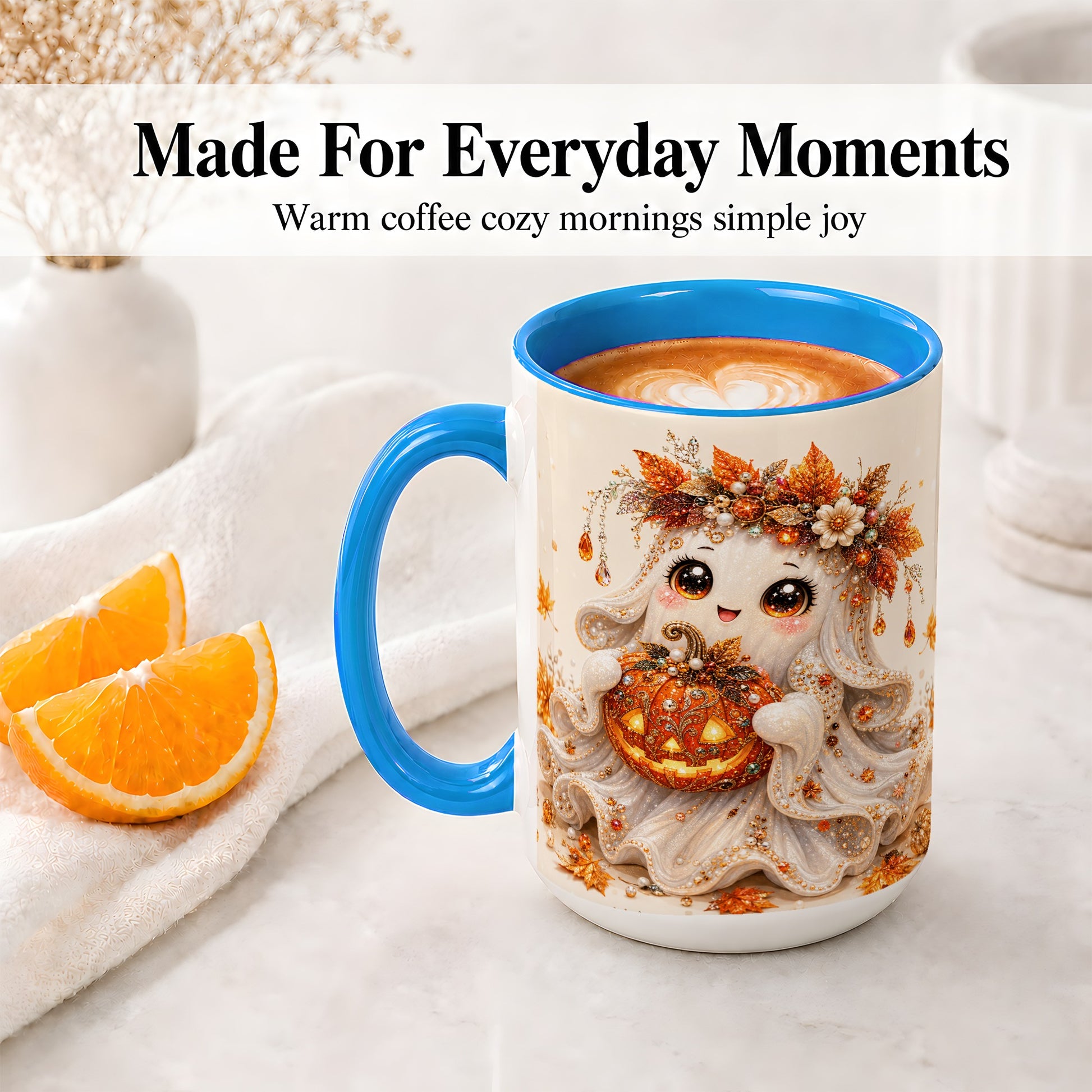 #pl[15oz|Blue] Jeweled Halloween Ghost Accent Mug, Mug with Jack O Lantern Art