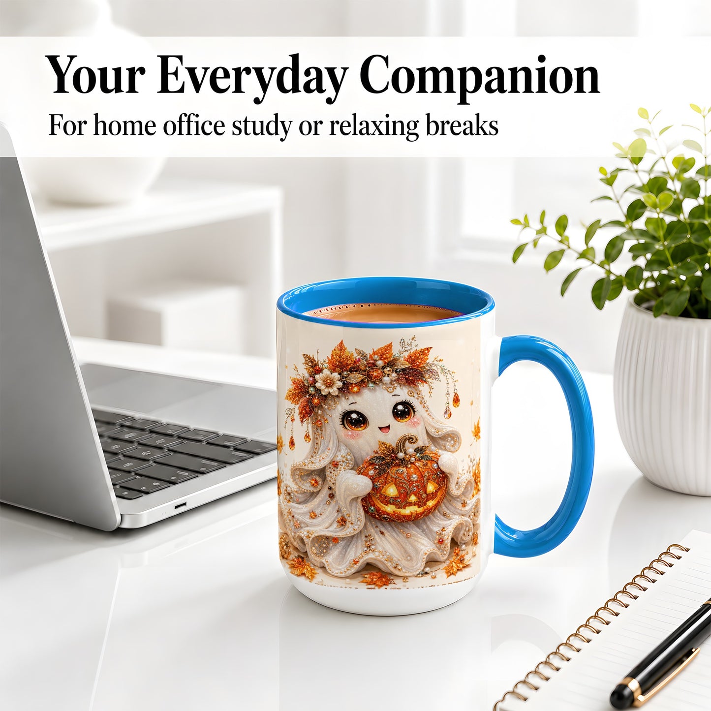 #pl[15oz|Blue] Jeweled Halloween Ghost Accent Mug, Mug with Jack O Lantern Art