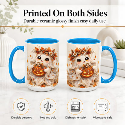 #pl[15oz|Blue] Jeweled Halloween Ghost Accent Mug, Mug with Jack O Lantern Art