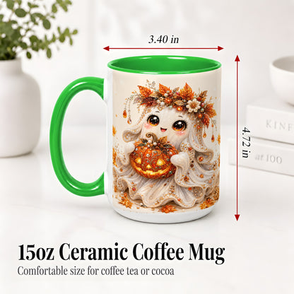 #pl[15oz|Green] Jeweled Halloween Ghost Accent Mug, Mug with Jack O Lantern Art