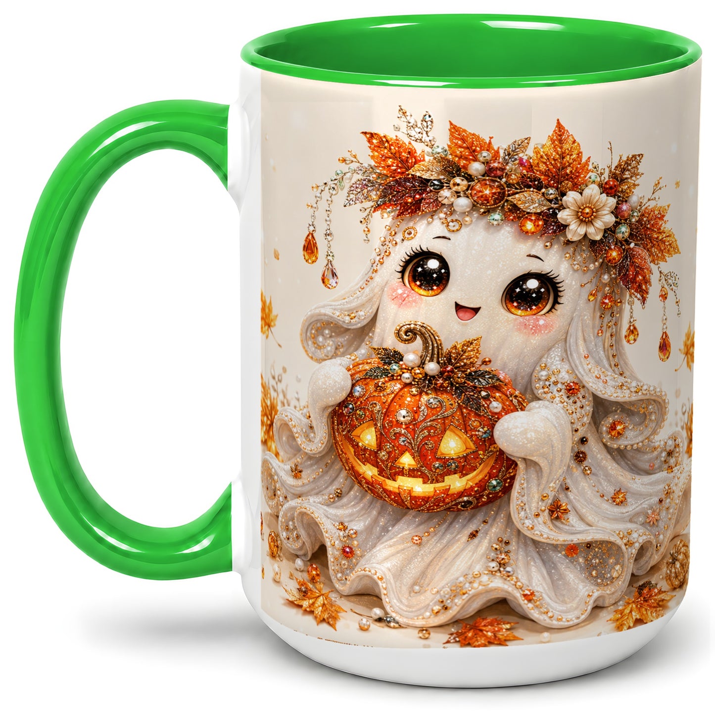 #pl[15oz|Green] Jeweled Halloween Ghost Accent Mug, Mug with Jack O Lantern Art