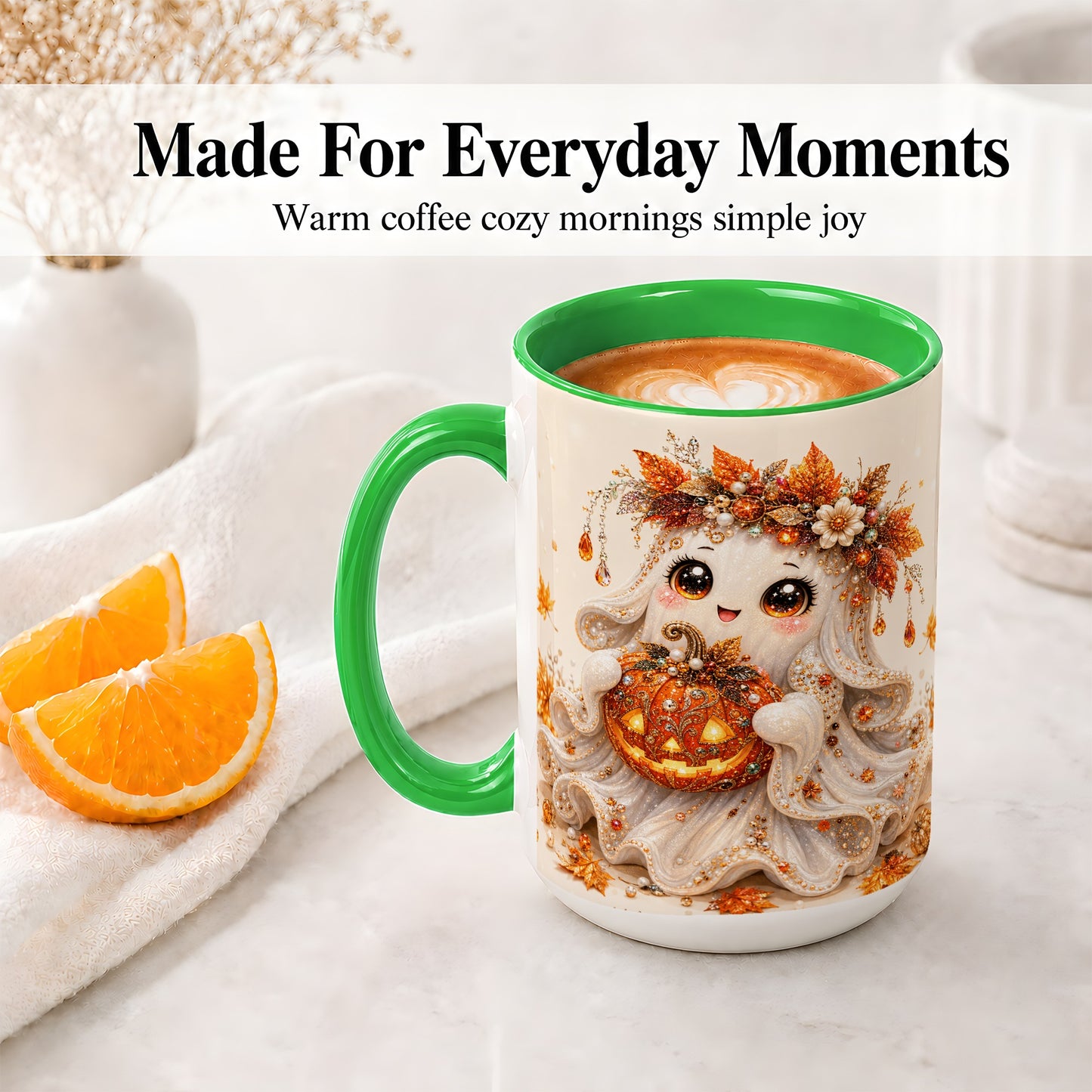 #pl[15oz|Green] Jeweled Halloween Ghost Accent Mug, Mug with Jack O Lantern Art