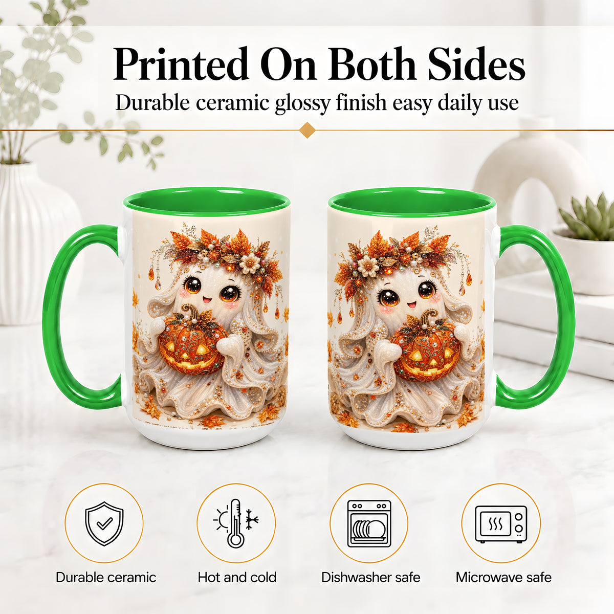 #pl[15oz|Green] Jeweled Halloween Ghost Accent Mug, Mug with Jack O Lantern Art