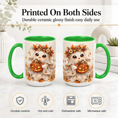 #pl[15oz|Green] Jeweled Halloween Ghost Accent Mug, Mug with Jack O Lantern Art