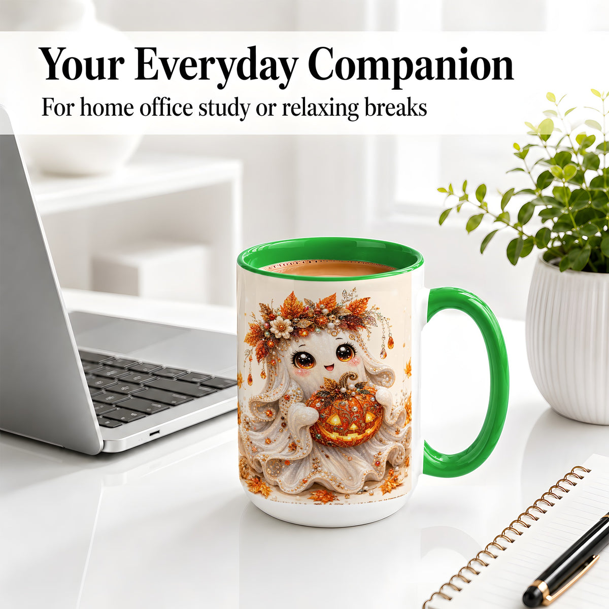 #pl[15oz|Green] Jeweled Halloween Ghost Accent Mug, Mug with Jack O Lantern Art