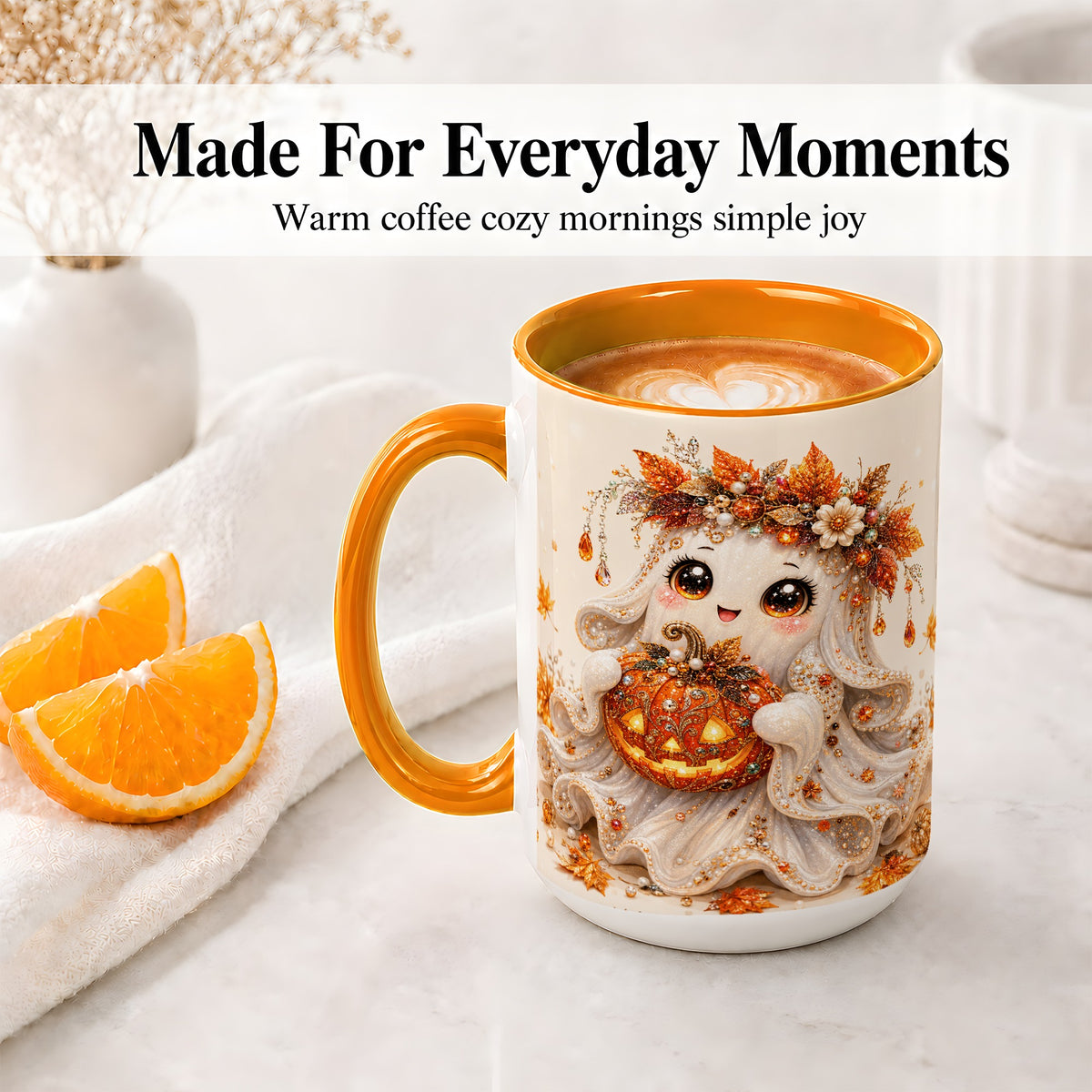 #pl[15oz|Orange] Jeweled Halloween Ghost Accent Mug, Mug with Jack O Lantern Art
