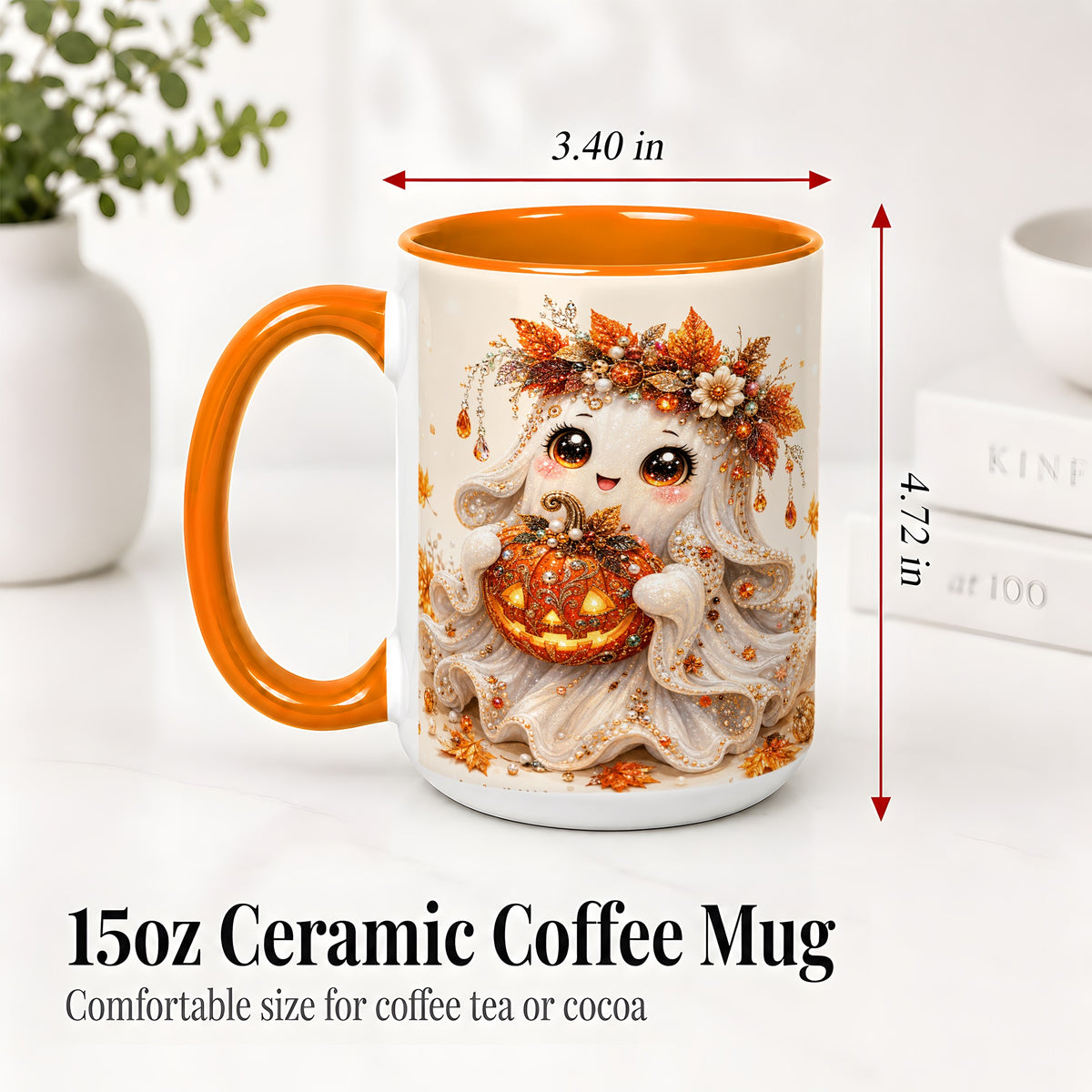 #pl[15oz|Orange] Jeweled Halloween Ghost Accent Mug, Mug with Jack O Lantern Art