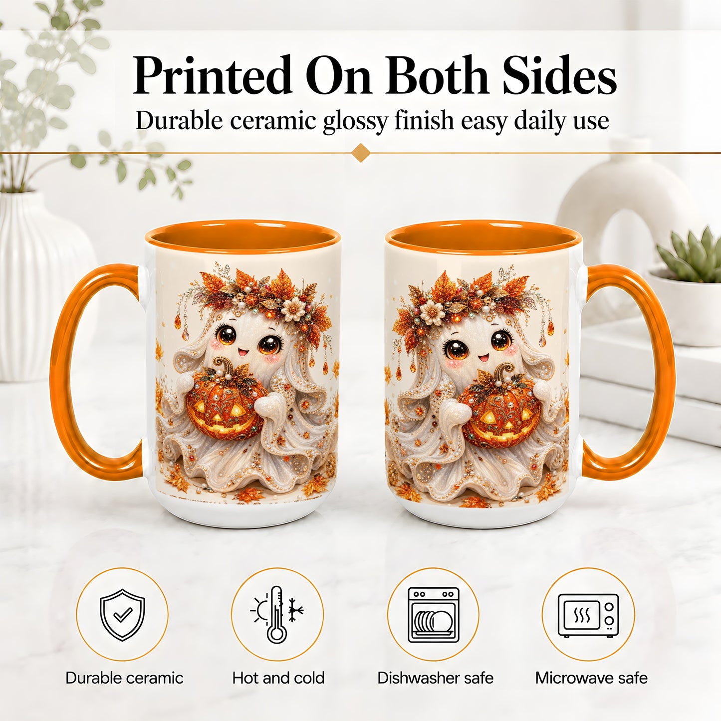 #pl[15oz|Orange] Jeweled Halloween Ghost Accent Mug, Mug with Jack O Lantern Art