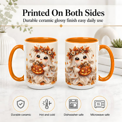 #pl[15oz|Orange] Jeweled Halloween Ghost Accent Mug, Mug with Jack O Lantern Art