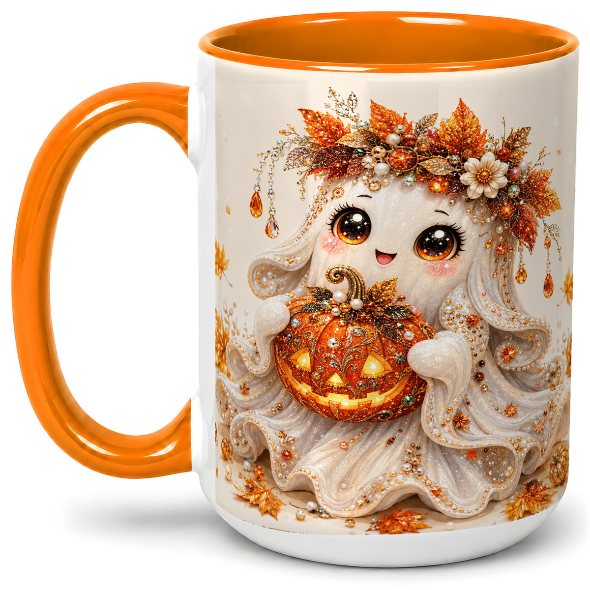 #pl[15oz|Orange] Jeweled Halloween Ghost Accent Mug, Mug with Jack O Lantern Art