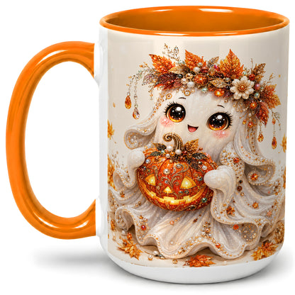 #pl[15oz|Orange] Jeweled Halloween Ghost Accent Mug, Mug with Jack O Lantern Art