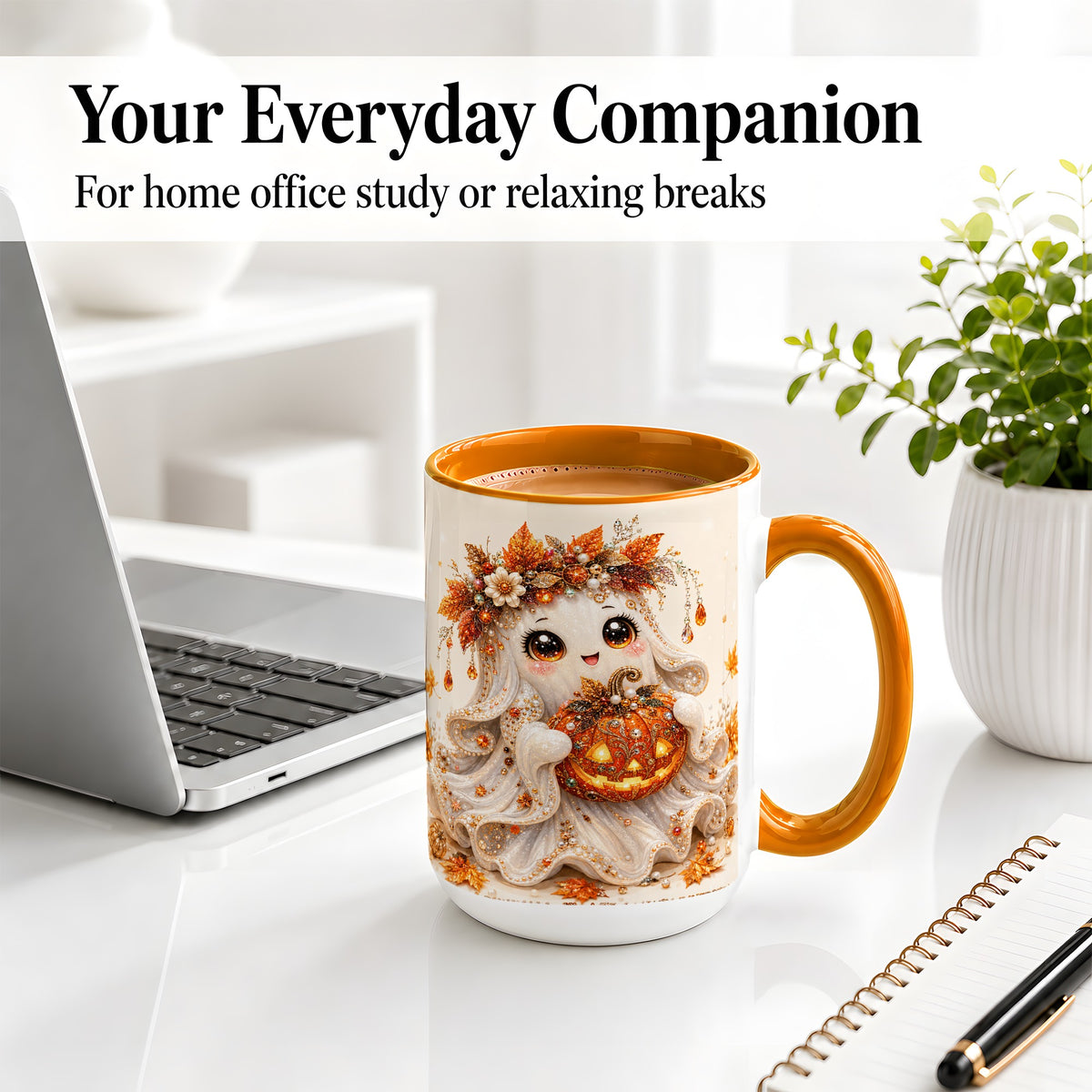 #pl[15oz|Orange] Jeweled Halloween Ghost Accent Mug, Mug with Jack O Lantern Art