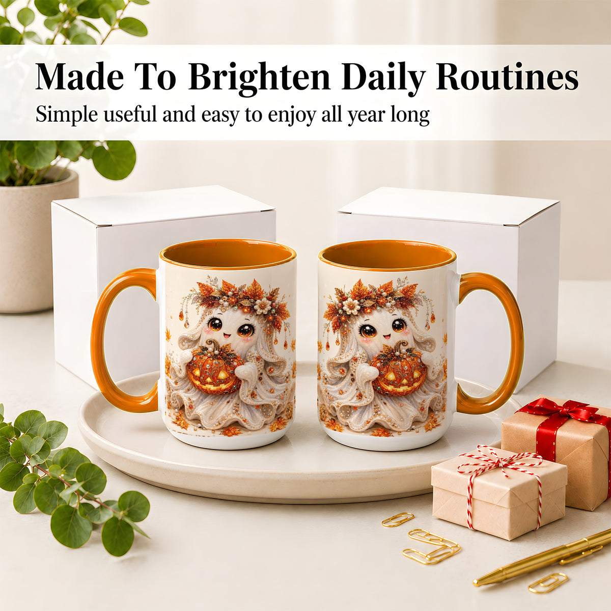 #pl[15oz|Orange] Jeweled Halloween Ghost Accent Mug, Mug with Jack O Lantern Art