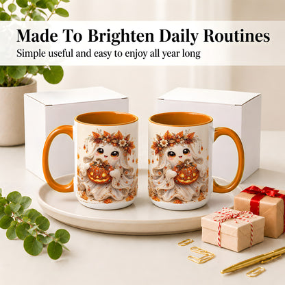 #pl[15oz|Orange] Jeweled Halloween Ghost Accent Mug, Mug with Jack O Lantern Art