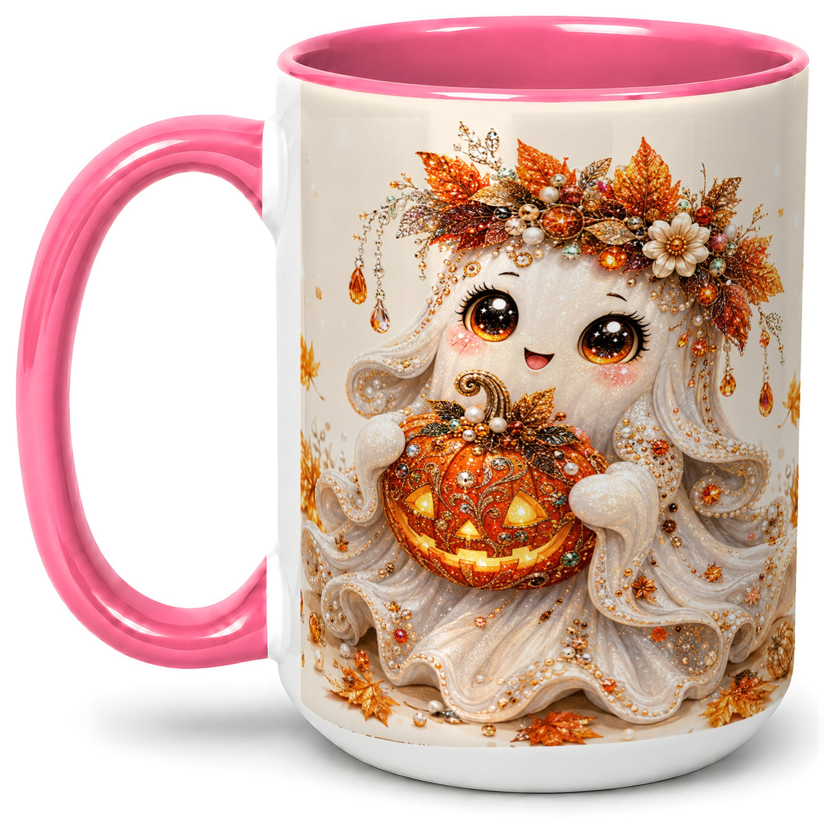 #pl[15oz|Pink] Jeweled Halloween Ghost Accent Mug, Mug with Jack O Lantern Art