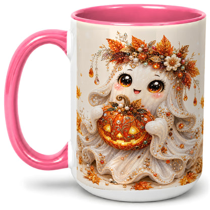 #pl[15oz|Pink] Jeweled Halloween Ghost Accent Mug, Mug with Jack O Lantern Art