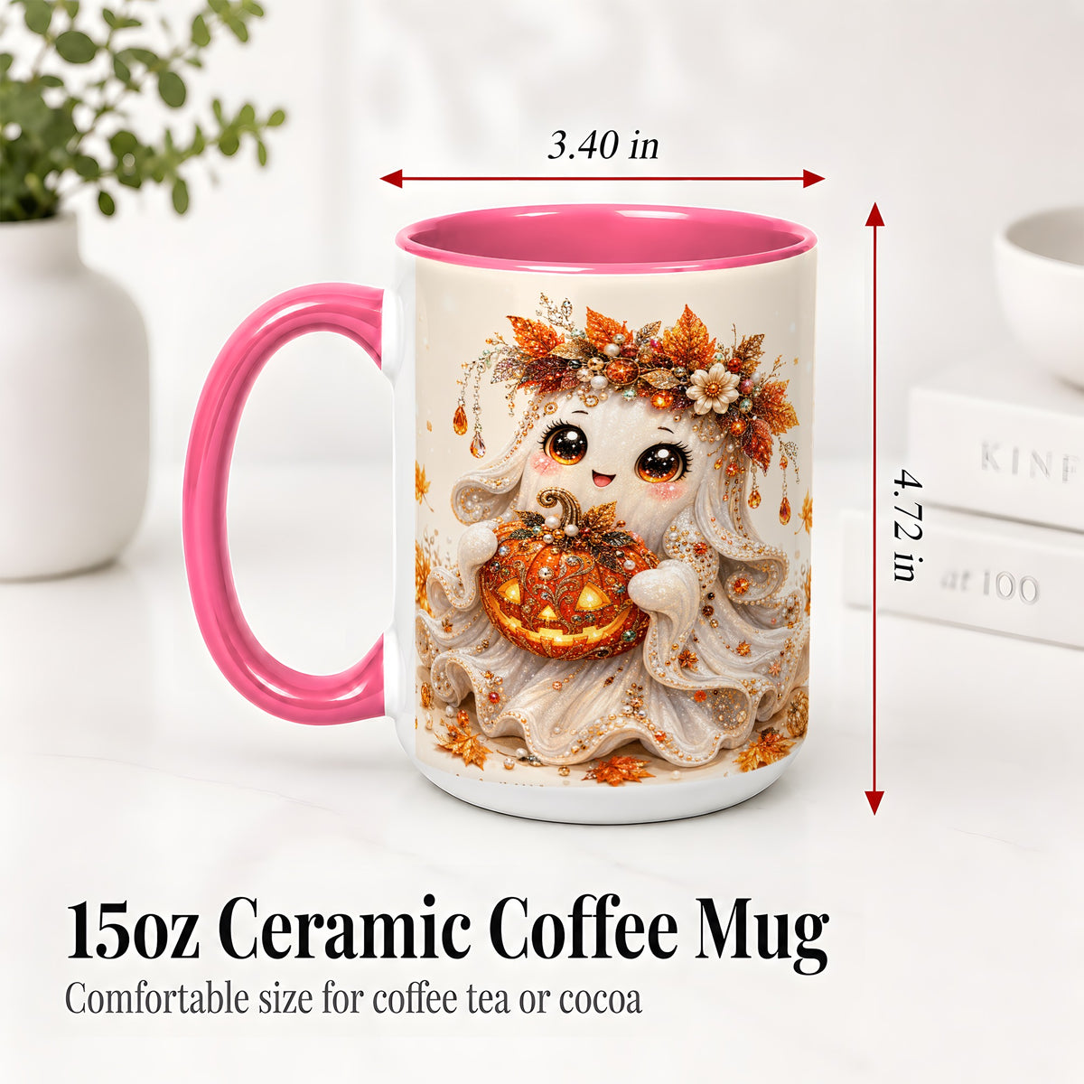 #pl[15oz|Pink] Jeweled Halloween Ghost Accent Mug, Mug with Jack O Lantern Art