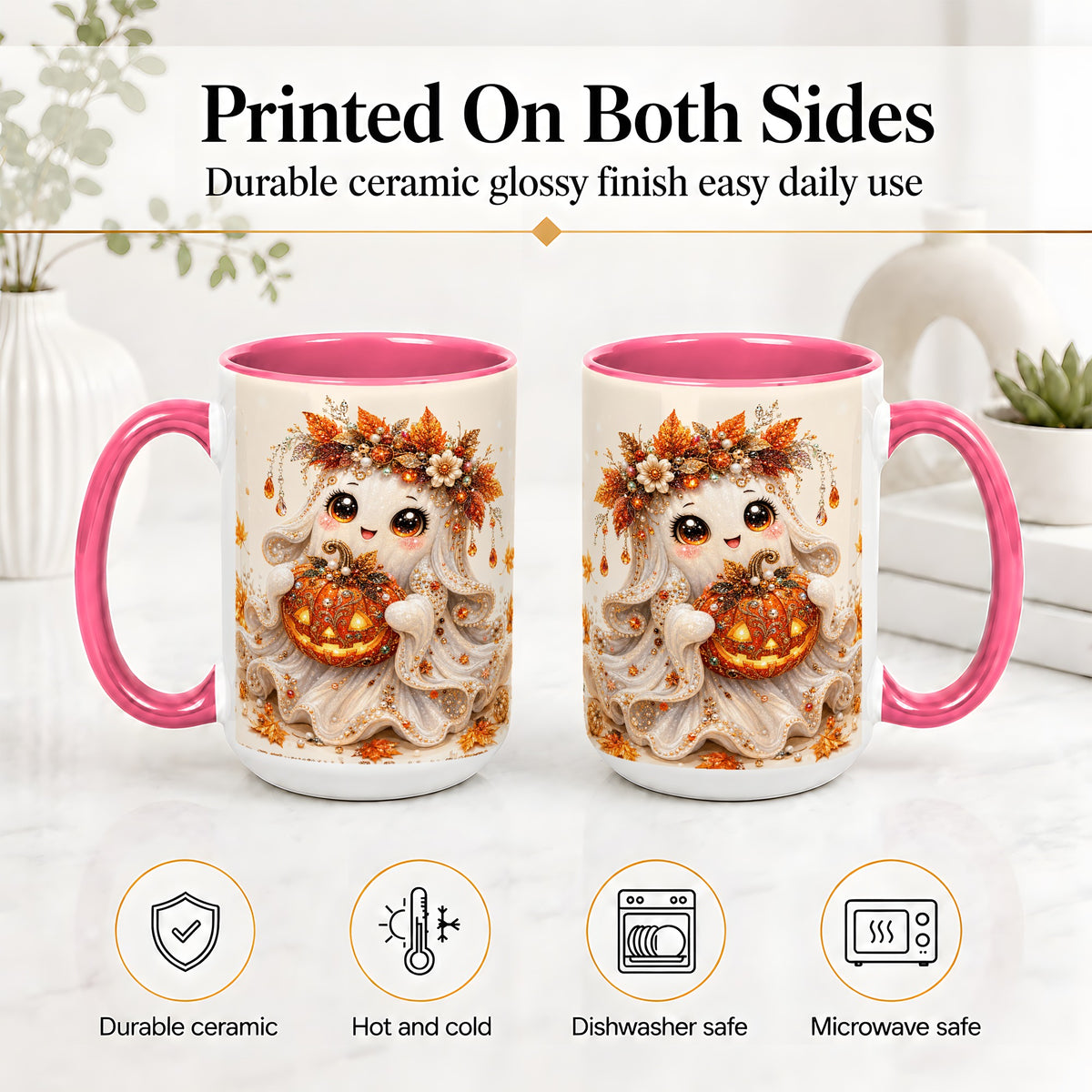 #pl[15oz|Pink] Jeweled Halloween Ghost Accent Mug, Mug with Jack O Lantern Art