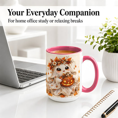 #pl[15oz|Pink] Jeweled Halloween Ghost Accent Mug, Mug with Jack O Lantern Art
