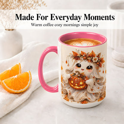 #pl[15oz|Pink] Jeweled Halloween Ghost Accent Mug, Mug with Jack O Lantern Art