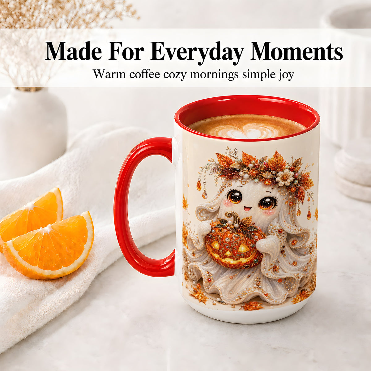 #pl[15oz|Red] Jeweled Halloween Ghost Accent Mug, Mug with Jack O Lantern Art