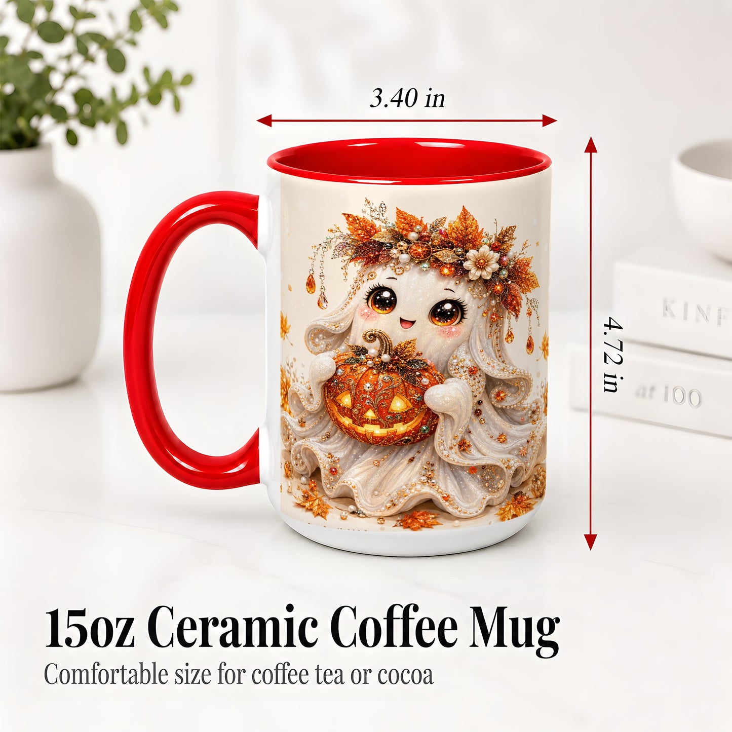 #pl[15oz|Red] Jeweled Halloween Ghost Accent Mug, Mug with Jack O Lantern Art